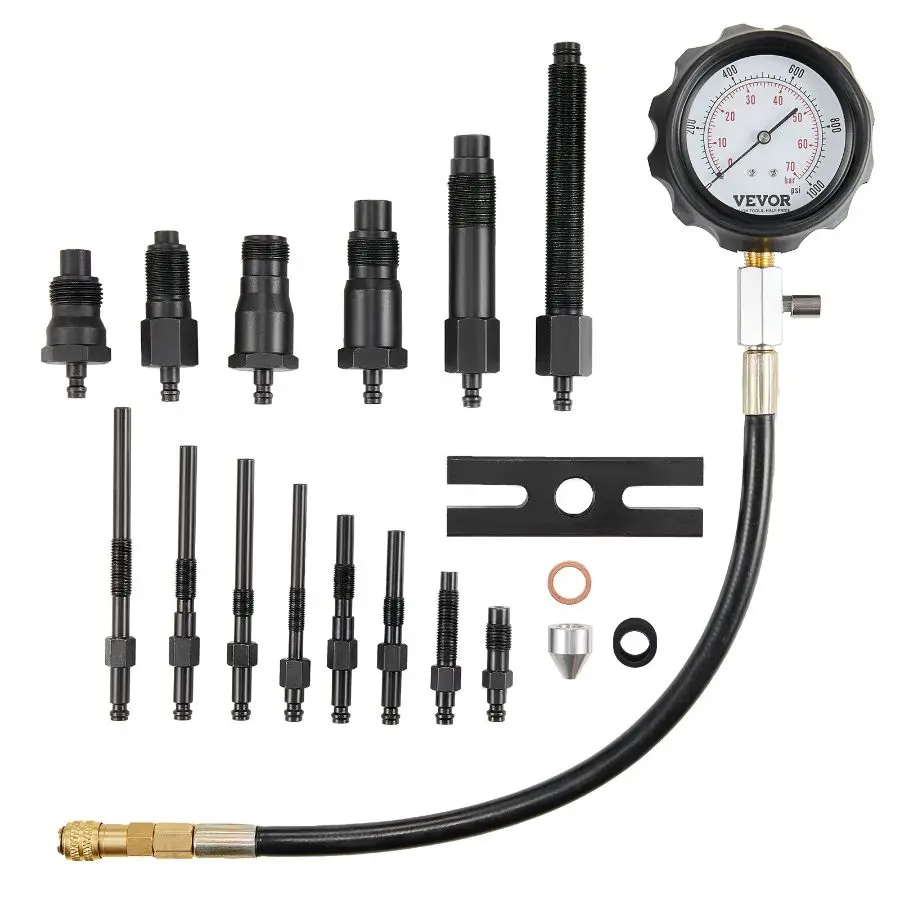 fathersdaygift VEVOR Diesel Engine Compression Tester, 18 pcs Cylinder Pressure Test Tool Kit, with 0-1000 psi Gauge and Adapters, Diesel Injector Tester Check Cylinders in Diesel Trucks, Tractors, Equipment