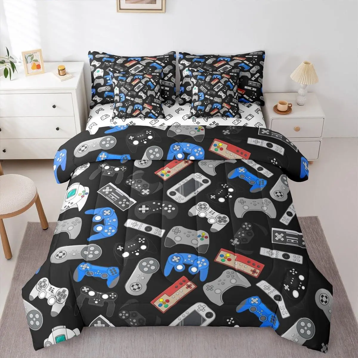 7 Piece Gamer Comforter Bed Set,Boys Gaming Bedding Set,Video Games Bed Bag,Black Blue Gamepad Sheet Set with Soft Microfiber Bedroom Decor Bed Set
