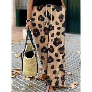Plus Size Women’s Wide-Leg Pants with Leopard Print, Elastic Drawstring Waist, and Pockets – Machine Washable