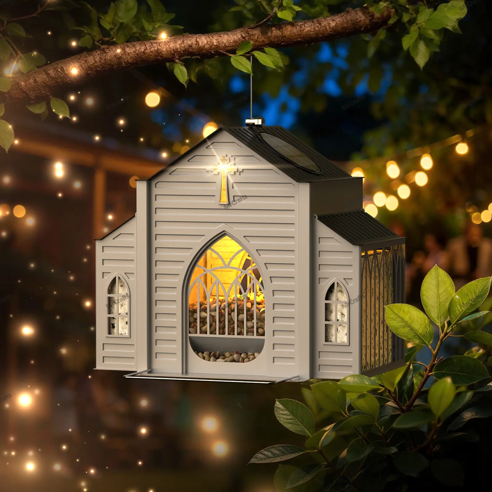 MrCrafts Solar Powered Church-Shaped Metal Bird Feeder, 10.35''×6.69''×8.2'' Hanging Outdoor Feeding Tool, 4lb Large Capacity, Bird Suet Design, Weatherproof Stain Resistant Garden Decor, Unique Christmas Gift