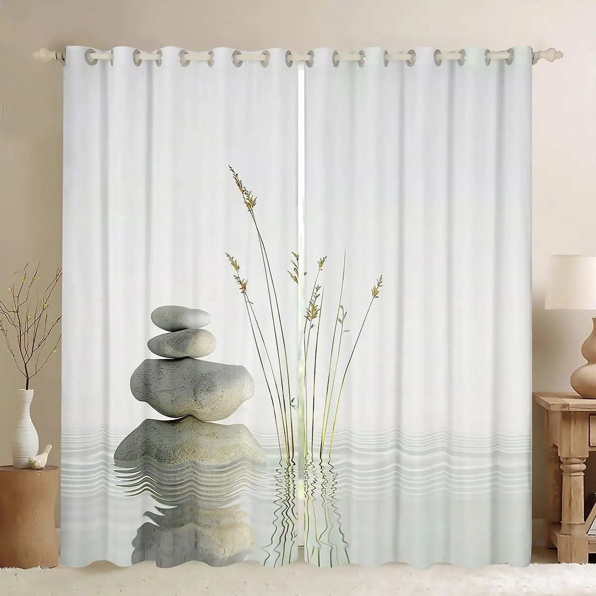 Feelyou Zen Stones Print Blackout Curtains - 2 Panels (52x84 in) High-Grade Velvet Attachment Device Blocking Curtains, 30%-50% Light-Blocking Meditation Home Decoration Window Treatment, Attachment Device Curtains