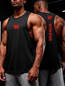 Men's Summer No Pain No Gain Print Gym Vest, Quick-Dry Breathable Sleeveless Top, Sporty Fitted Compression Wear for Weightlifting