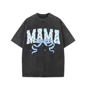 100% Washed Cotton Vintage T-Shirt Blue White Checkerboard Bowknot Print Crew Neck Loose Fit Summer Top for Street Style Menswear - Classic