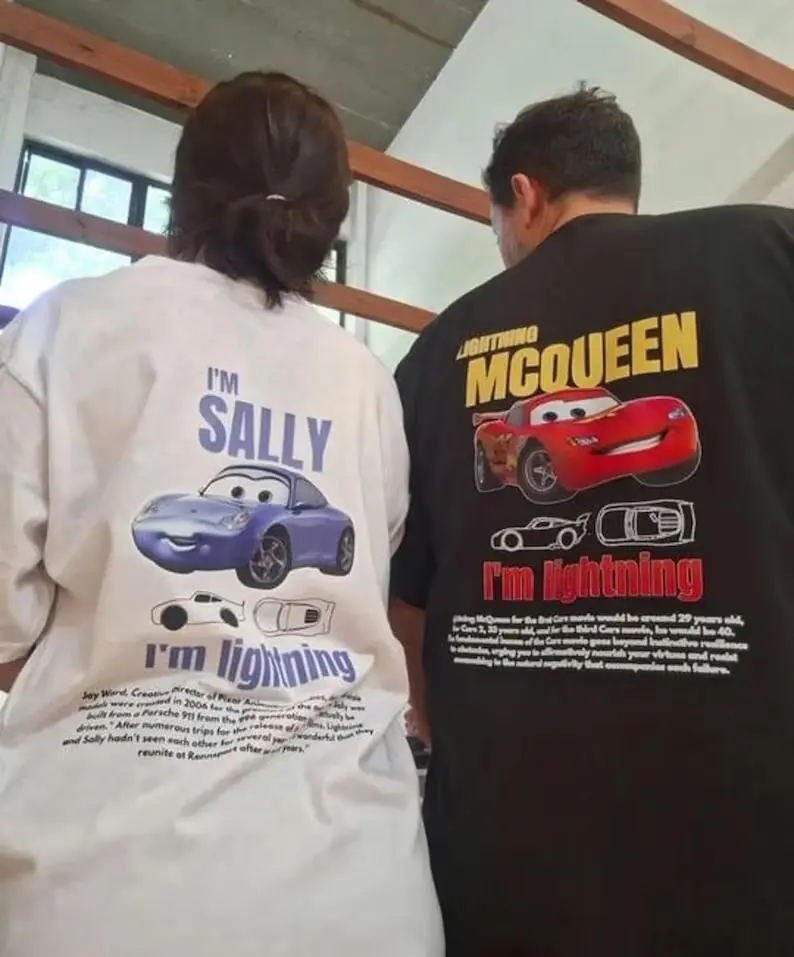 Vintage Cars Matching Shirt, Lightning Mcqueen and Sally Couple T-shirt, Limited McQueen T-Shirt Oversized Washed Tee Cotton Crewneck