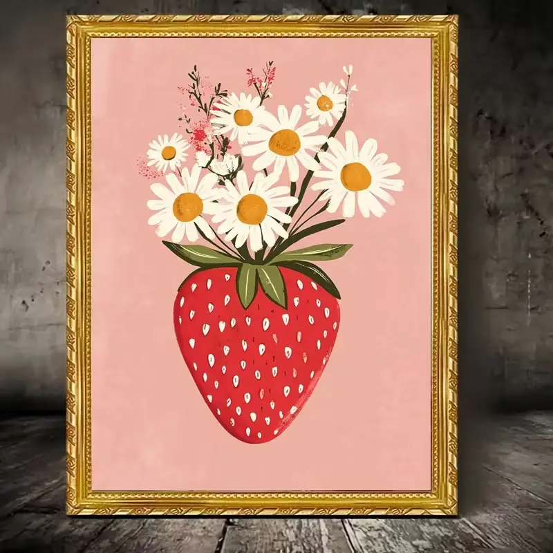 [UNFRAMED POSTER] Vintage 1pc Strawberry & Daisy Illustration Print | Frameless, Waterproof, Modern Decor for Living Room, Bedroom, Office, or Dining Area, Perfect Gift, 12x16 Inches, Strawberry Decor