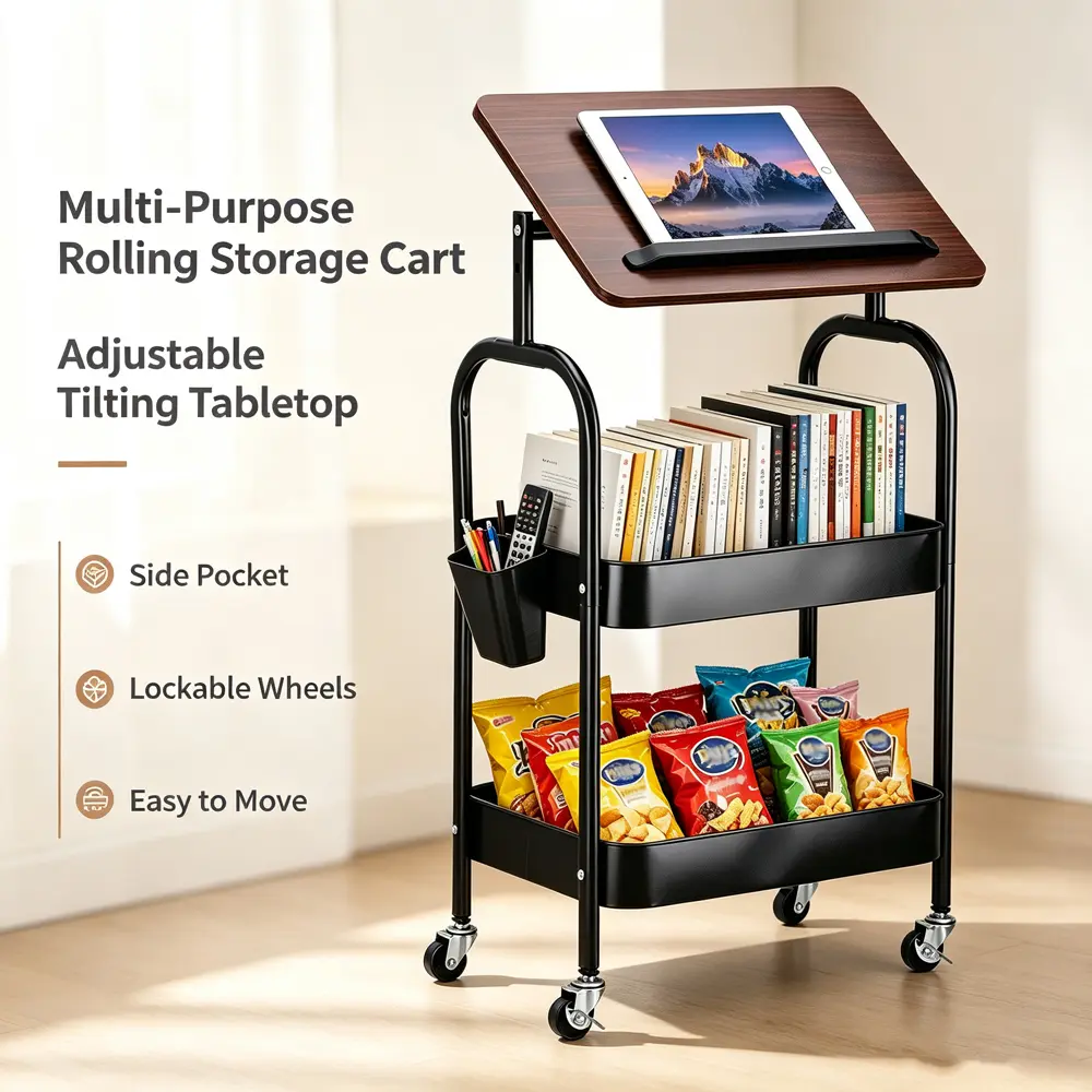 3-Tier Metal Rolling Utility Cart Organizer with Walnut Table Top, 2 Lockable Wheels, Beauty Products Holder, High-Capacity Storage for Kitchen/Bath Indoor Use, Box Packaging