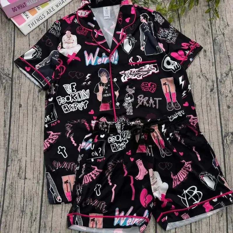 Graphic Pop Rock Pajama Set – Short Sleeve Sleepwear for Music Lovers, Comfortable Loungewear