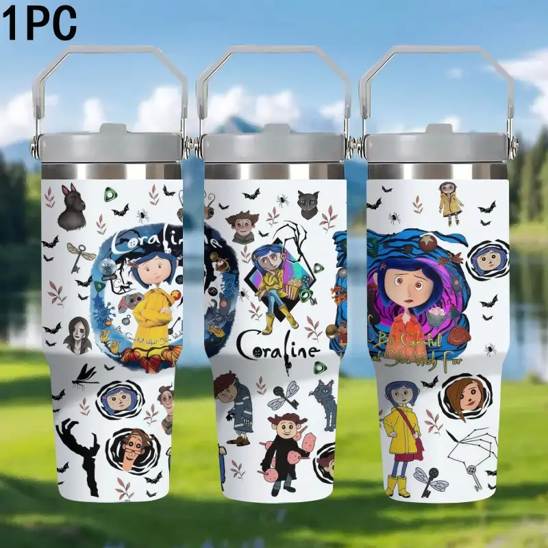 1pc 30oz Coraline Stainless Steel Insulated Thermal Flask Cup with Handle, Large Capacity Travel Mug Tumbler for Fans, Ideal Daily Use Beverage Container, Insulated Drinkware