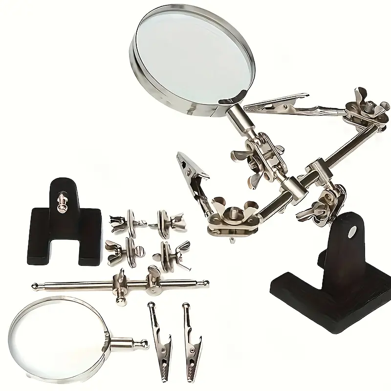 summerwins Black Professional Electronic Inspection & Repair Station Magnifier Set - 1 Built-in Lighted Magnifying Glass (Lighted Lens), Metal Heavy-Duty Adjustable Foldable Stand, Ergonomic Base, Low-Voltage Battery Power, Ideal for Electronics Repair
