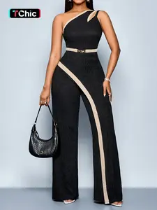 Summer Casual Elegant Women's Patchwork Colorblock Jumpsuit, Slim-Fitting High Waist Wide Leg Long Pants, Spaghetti Strap Sleeveless One-Piece, Womenswear