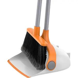 Broom and Dustpan Set with Long Handle, Stand Upright Broom with Dustpan Combo for Cleaning Office, Garage, Lobby, Lightweight Sweeping Set, 51.7"(131 cm) Long Handle, White & Orange