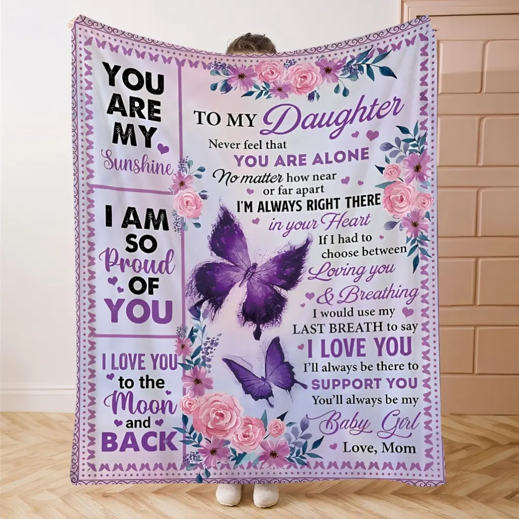 To My Daughter Gift from Mom Soft Cozy Flannel Blanket - Sentimental Love Letter Purple Butterfly Plush Throw, Warm Fuzzy Blanket for Daughter Birthday Graduation Holiday Home Decor, Blankets For Bed