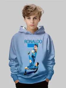 Boys' Hooded Sweatshirt, Fresh Blue Color, Classic Hook Design, Casual Fall & Winter Wear, Daily Use for Football Fans, Graphic Hoodies