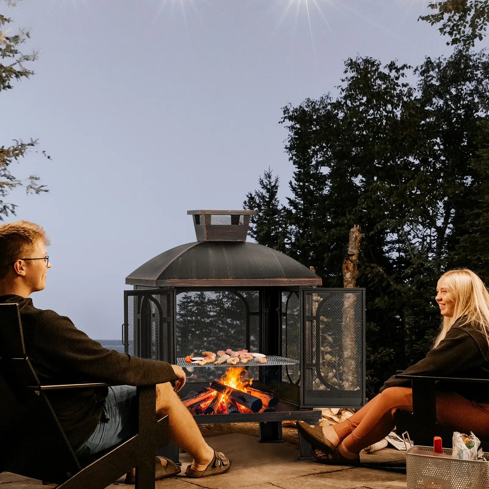Outvue 44''x31'' Freestanding Metal Chiminea Fire Pit & Bowl - Wood-Burning with Grill, Square Pagoda Look, Mesh Spark Screen Doors, Fire Poker, Quick Setup, Safe Outdoor Patio Use for Family Groups, Safety