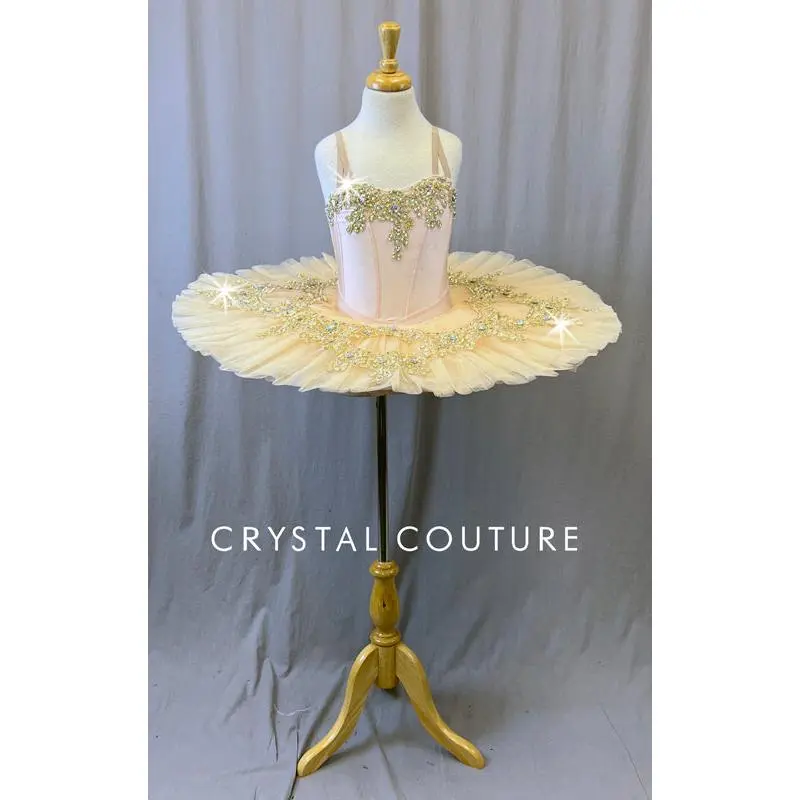 Peachy Pink Platter Tutu with Gold Appliques and Rhinestones