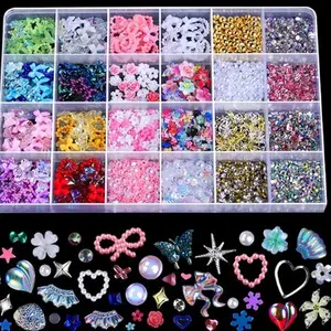 TQIGWRB 24 Grid Nail Charms Kit with Multi Shapes Gems Flatback AB Rhinestones Gold Pearls Y2K Charms 3D Hawaii Flowers for Nail Design Art