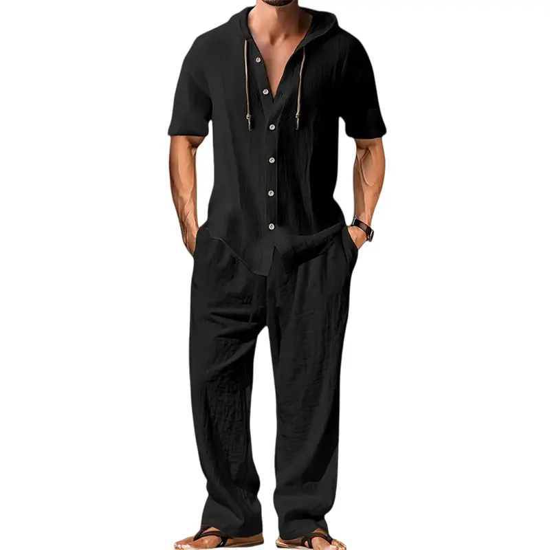 Men's Summer 2-Piece Loungewear Set, Hooded Drawstring Linen Short-Sleeve Shirt, Comfortable Breathable Drapey Solid-Color Casual Pants #SummerWins #fathersdaygift Black Shortsleeve