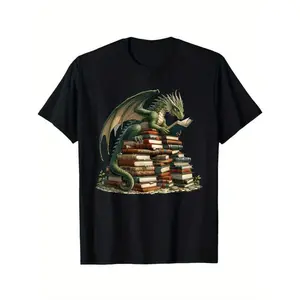 Everyday Men's Plus Size Book Lovers T-Shirt - Dragon Bookworm & Bookshelf Design, Stretchy Fit, L-5XL Black Casual Tee for Fantasy Novelists & Avid Readers, All-Season Apparel, PLUS SIZE
