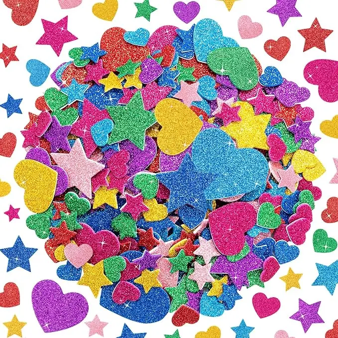 1024PCS Glitter Foam Stickers for Kids - Self-Adhesive Heart & Star Shapes, Sparkle Craft Stickers for DIY Greeting Cards, Scrapbooking, Home Decor, Envelopes & Children's Art Projects