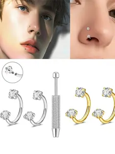 3pcs Set Stainless Steel U-Shaped Nose Rings & Septum Rings, Nose Piercing Jewelry, 18k Plated, Synthetic Zirconia, Unisex, Daily & Party Use