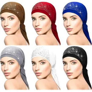 6 Packs Rhinestone Head Scarf Stretchy Head Wrap Women Bandana Beanie Pre Tied Durag Turban Cap Skull Cap Headbands tiktokshopspringglowup