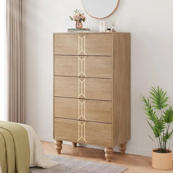Tall Wooden 5-Drawer Practical Sturdy Dresser - Modern Storage Cabinet with Ornate Vintage Pattern, Clean Design, Deep Drawers for Bedroom, Living Room, Practical Dresser
