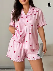 Plus Size Women's Heart Stripe Print Pajama Set, Floral Hem Button Front Short Sleeve Top + Printed Shorts, Sweet Comfortable Sleepwear, Loungewear, Pjs