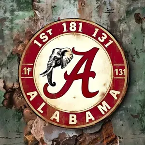 Vintage Alabama Crimson Tide Elephant Wall Sign 8x8 Inch, Round Tin Metal Home Decor with Vintage Style & Emblem, College Football Fa, Home Decoration