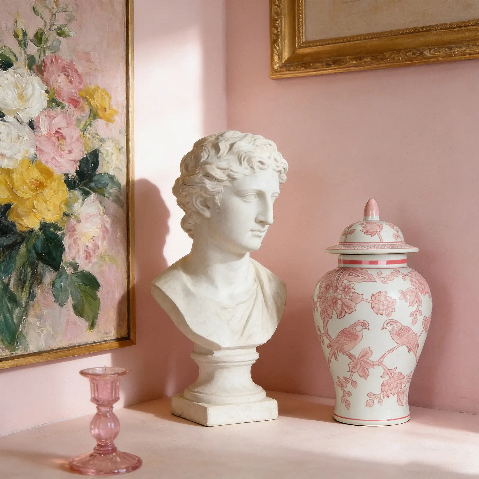 11″ Pink Ginger Jar with Lid Porcelain Stylized Songbirds Floral Temple Jar Chinoiserie Vase Chinese Style Ginger Jars Antique Home Decor for Interior Design