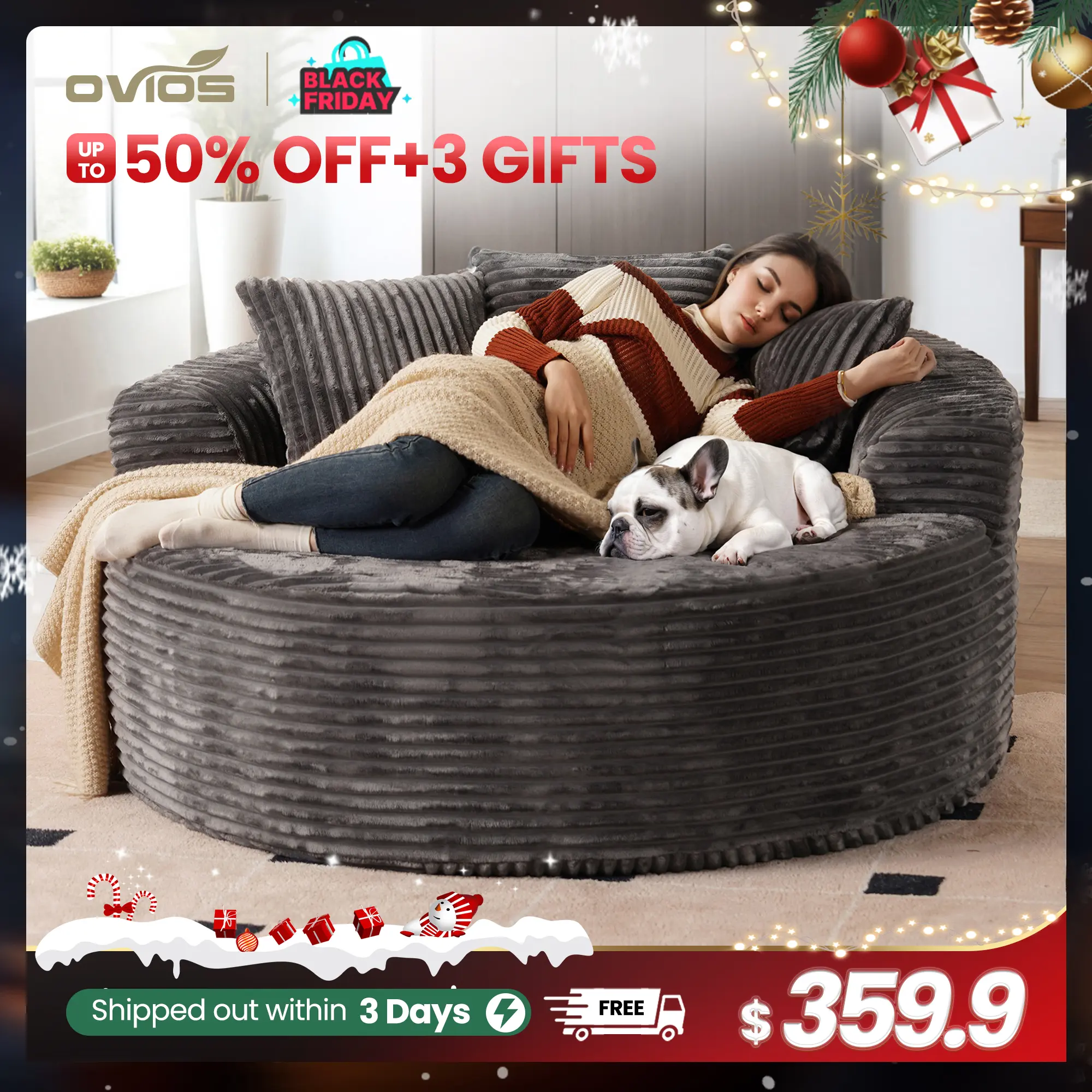 【Summer Vibes】Ovios 59" W Oversized Round Sofa Bed - Fluffy Lazy Bean Bag, Modern Deep Seat Couch for Relaxation, Plush Corduroy Fabric, 3 Pillows Included, No Assembly Required