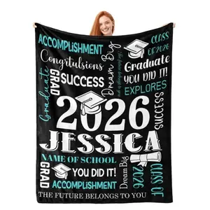 Custom Class of 2026 Graduation Blanket I Graduated Personalized Name Flannel Throw Ultra Soft Cozy Warm Black Teal White Inspirational Grad Gift for Her Him High School College Seniors