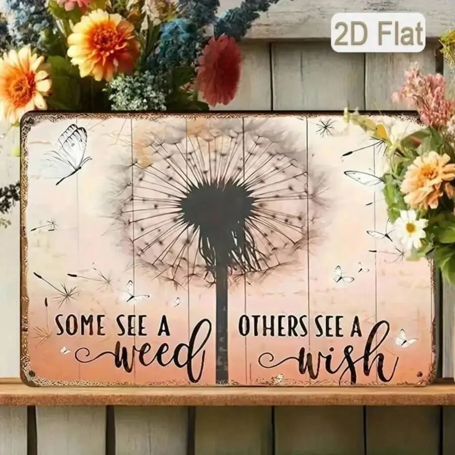 Vintage "Others See A Wish" Dandelion & Butterfly Tin Sign - Rustic Metal Decorative Plaque, Multicolor Home Decor Accessories, Room & Balcony Wall Mount Home Supplies, Outdoor Gift