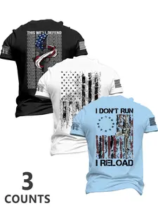 Men's Summer Tactical Style Short Sleeve Casual Slim Fitting Print T-Shirt Set, Patriotic Theme, Fitted Long Top, Ideal for Daily Wear & Outdoor Activities, Menswear