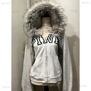 2025[Chic] Casual Gray Femme Korean Fur Patchwork Hooded Sweatshirts Vintage Y2k Aesthetic Grunge Letter Print Zippers Hoodies Women Coat