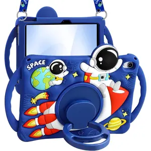 for iPad A16 Case/10th Generation Case - Cool Cute Cartoon Astronaut Spaceship with Strap & Rotating Stand & Handle for Boys Girls Teens 3D Silicone for iPad A16 11th Generation 11 Inch 2025
