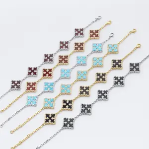 [ICE HUE]18K Gold Vacuum Plated Copper with 5A+ Sri Lanka Zircon,Synthetic Agate,Synthetic Turquoise,Four-leaf Clover  Design Bracelet Miami Italy Mexico & Micro Inspired for Women & Men Luxury Jewelry,Daily Wear,Casual Fashion,Gift Idea,Classic,Hip Hop