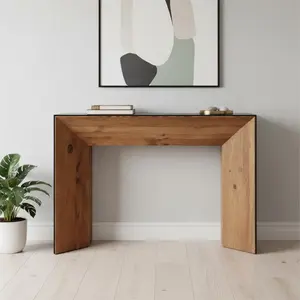 HomeRoots 605613 31 x 47 x 16 in. Black & Brown Solid Wood Pedestal Console Table