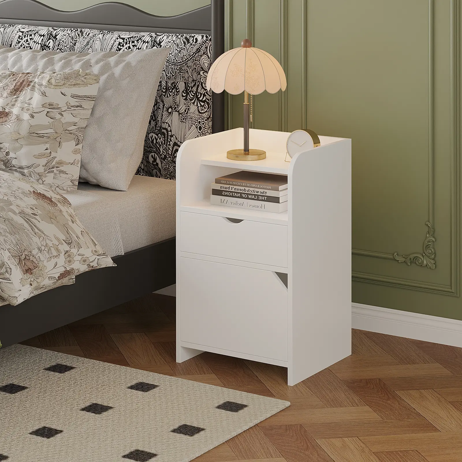 Small bedside table with drawers, 3-level storage space, Solid Wood bedside table, used for narrow bedside tables in offices and bedrooms, Simple Style