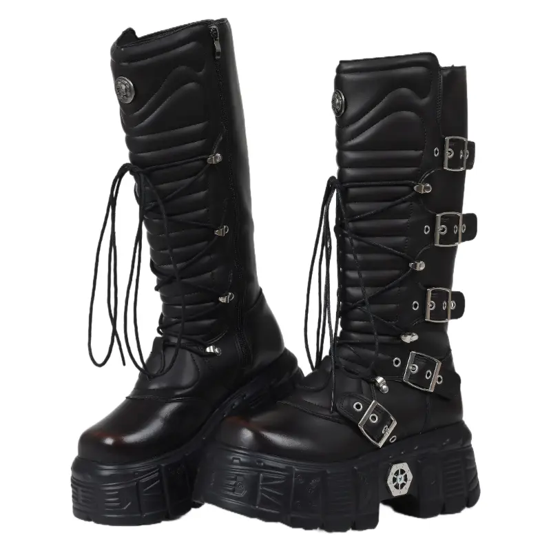 Women's Chic Punk Knee-High Boots, Round Toe Knight Style with a Chunky Platform Heel, Adjustable Buckle Straps, and Side Zipper, Women's Shoes