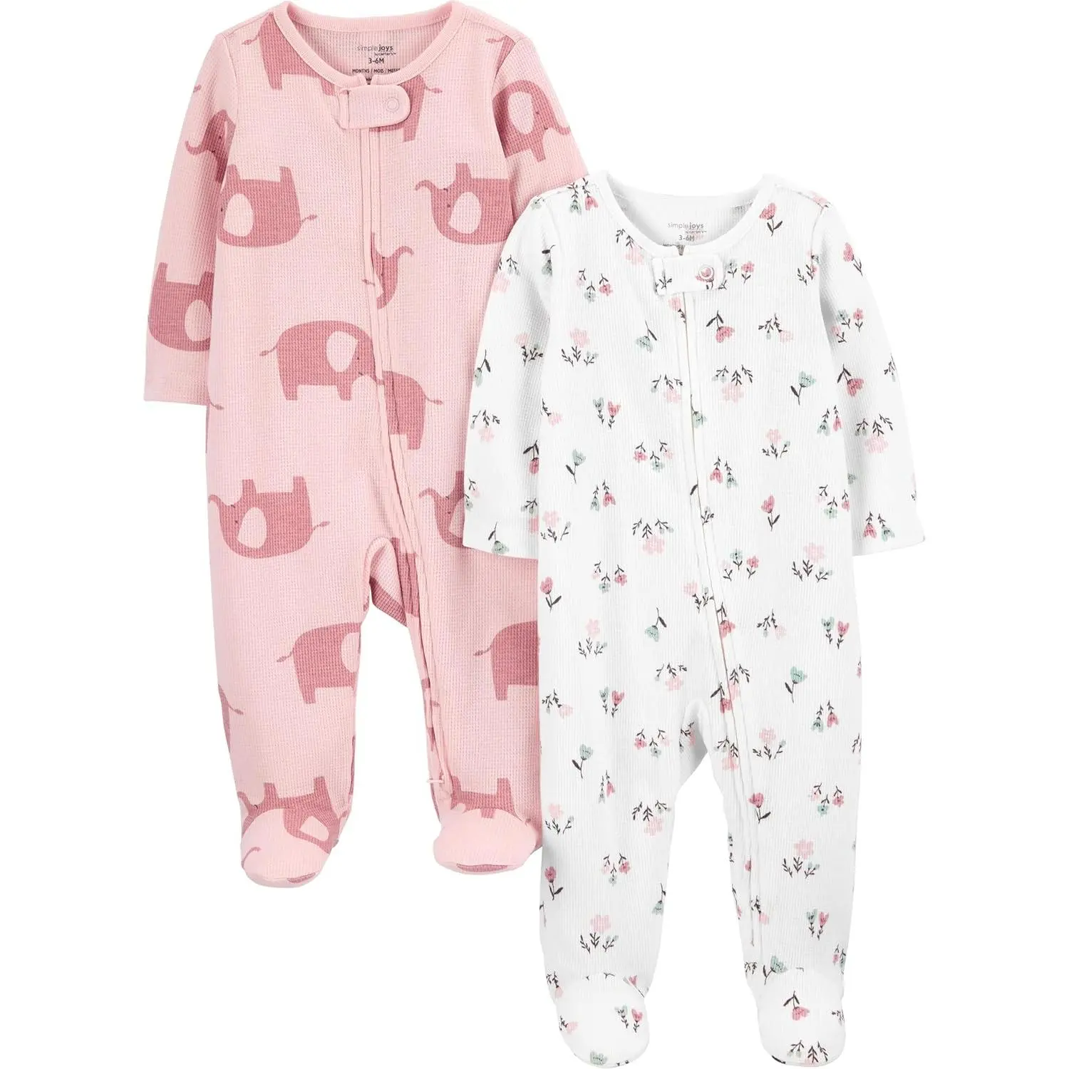 Baby Girls' Snug Floral Thermal Footed Sleep and Play Clothes - 2-Way Zip Sleepwear, Pack of 2
