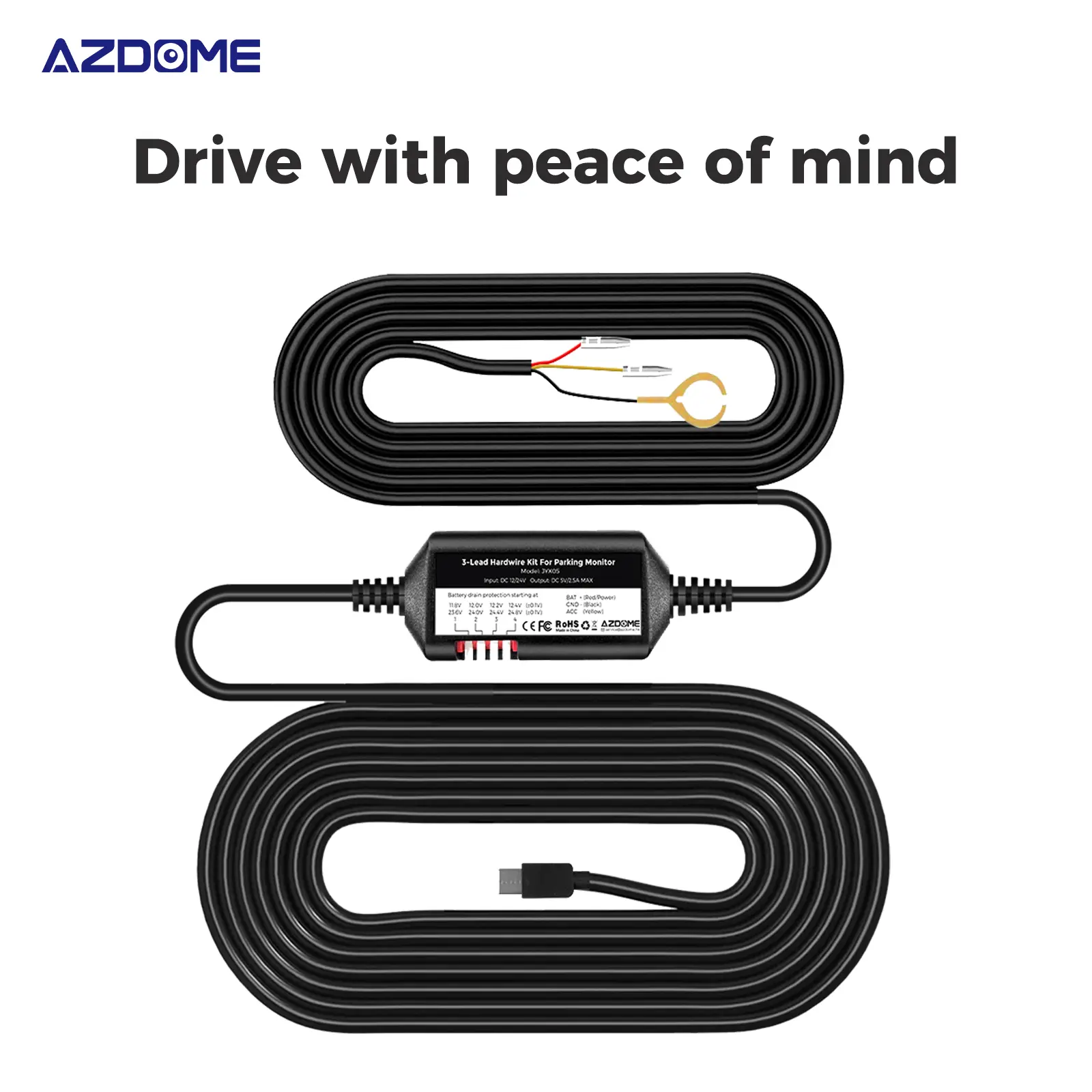 AZDOME 3-Lead ACC Hardwire Kit Type-C USB Port for M550 M01Pro PG17 GS63HPro DashCam, 12ft with Fuse Kit, Dash Camera 24H Parking Monitor, Convert 12V-24V to Output 5V/2.5A Max, Low Voltage Protection