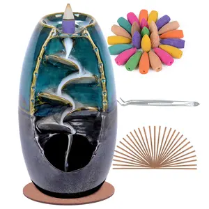 Ceramic Backflow Incense Holder Waterfall Incense Burner, Aromatherapy Ornament Home Decor with 120 Backflow Incense Cones + 30 Incense Stick, Blue Set