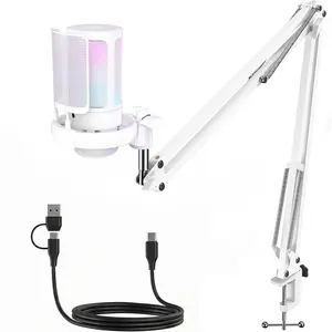 Gaming Microphone Set with Boom Arm- Not for Xbox, Vocal Condenser RGB Microphone for PC Phones with Stand, USB Mic with controllable RGB Light, One Tap Mute, Noise Cancellation, Volume Control, for Discord, Twitch Streaming