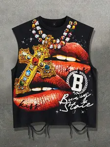 Lip Print Graphic Ripped Tank Top Unisex Gold Necklace Tank Top Summer Fashion Punk Festival Outfit Tank Top Men's European & American Streetwear Trendy Sleeveless T-Shirt Cut Ruffles American Retro Tank Top Y2K Vest
