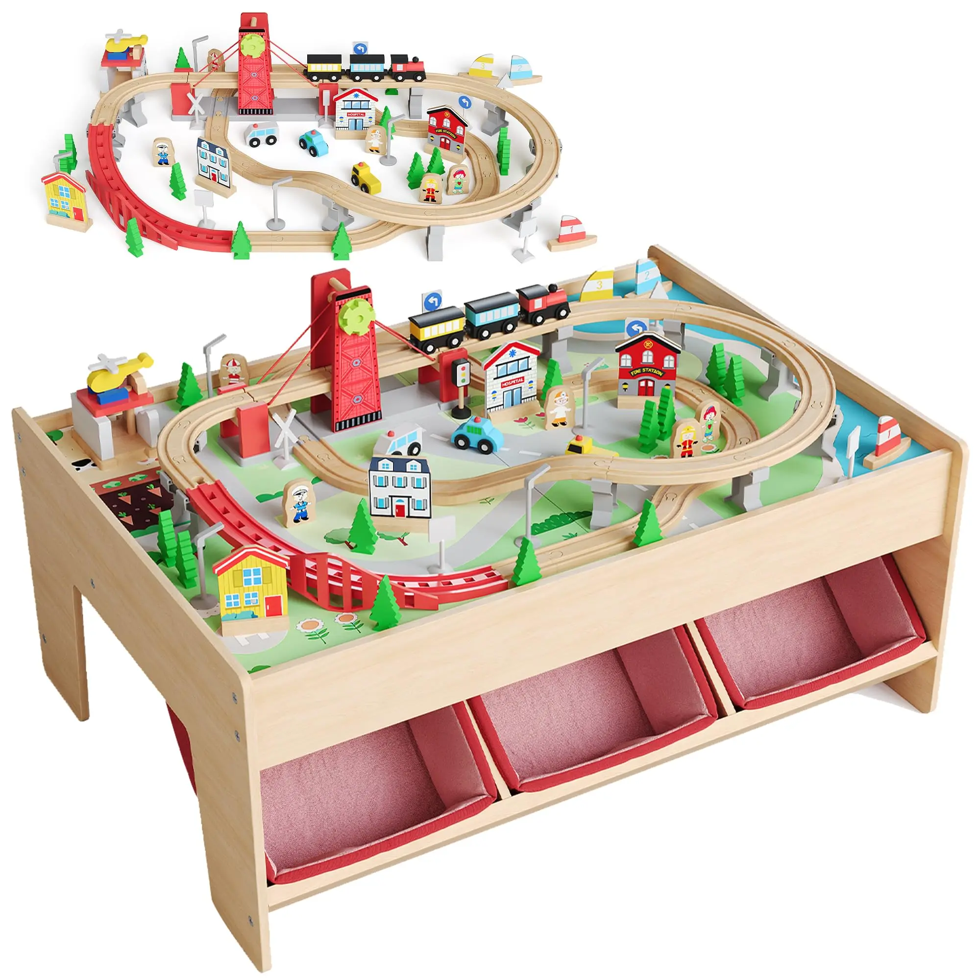 92 Pieces Train Table, Wooden Train Set & Table with 3 Storage Bins, Tracks, Train, Railway, City, Gift for Toddler Boys Girls Ages 3+
