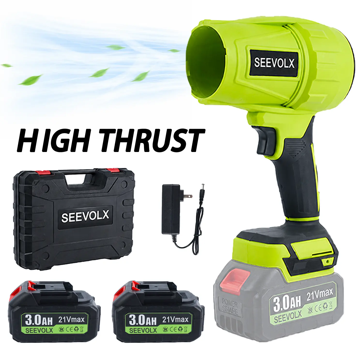 SEEVOLX 21V Electric Leaf Blower - Super Power Brushless Pure Copper Motor Turbo Fan, blower turbo pro, 2x3000mAh Batteries & Charger, 3-Nozzle Set for Lawn Care, Car Drying, Portable Leaf Blower