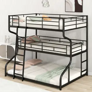 Metal Triple Bunk Beds, Full XL over Twin XL over Queen Bunk Beds for 3, Modern Style Heavy-Duty Steel Frame Bunk Bed with Safety Rail, Built-in Ladder for Bedroom, Dorm, Kids, Teens, Adults.Noise-Free