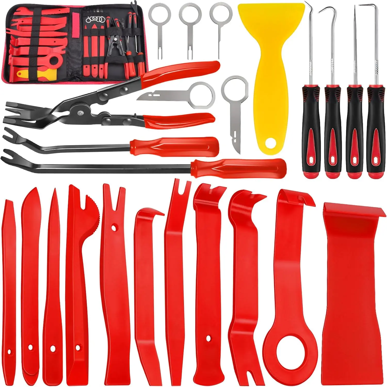 Keze 24Pcs Trim Removal Tool Set with Pick & Clip Removal Tool, Sticker Scraper, Automotive Plastic Pry Tool, Car Panel Door, Stereo, Fastener Remover Kit, for Auto Interior, Molding, Dash(Red) professional repair tool
