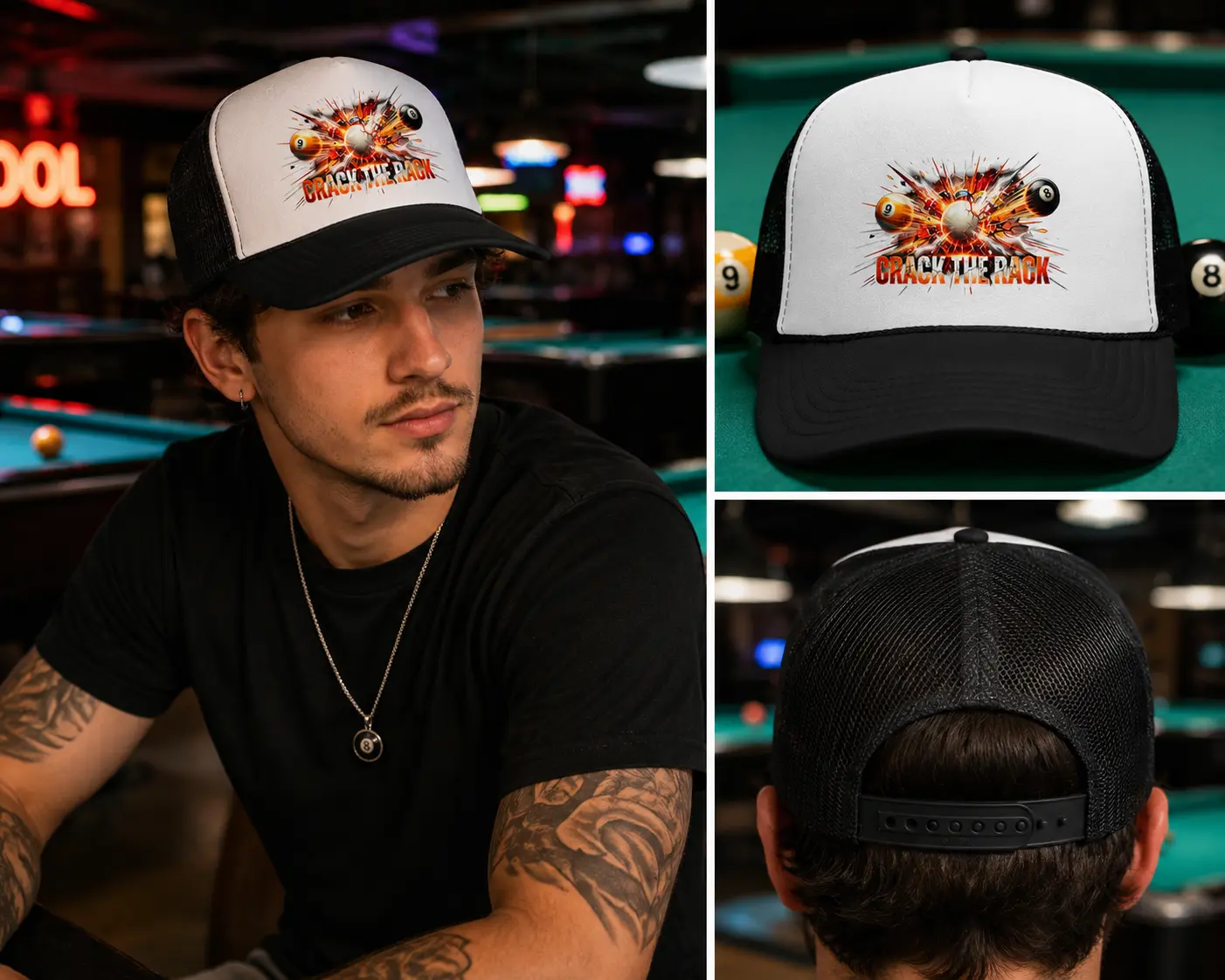 Crack the Rack Explosive Break Billiards Trucker Hat – 8 Ball & 9 Ball Pool Player Foam Snapback Cap (OTTO 39-165)