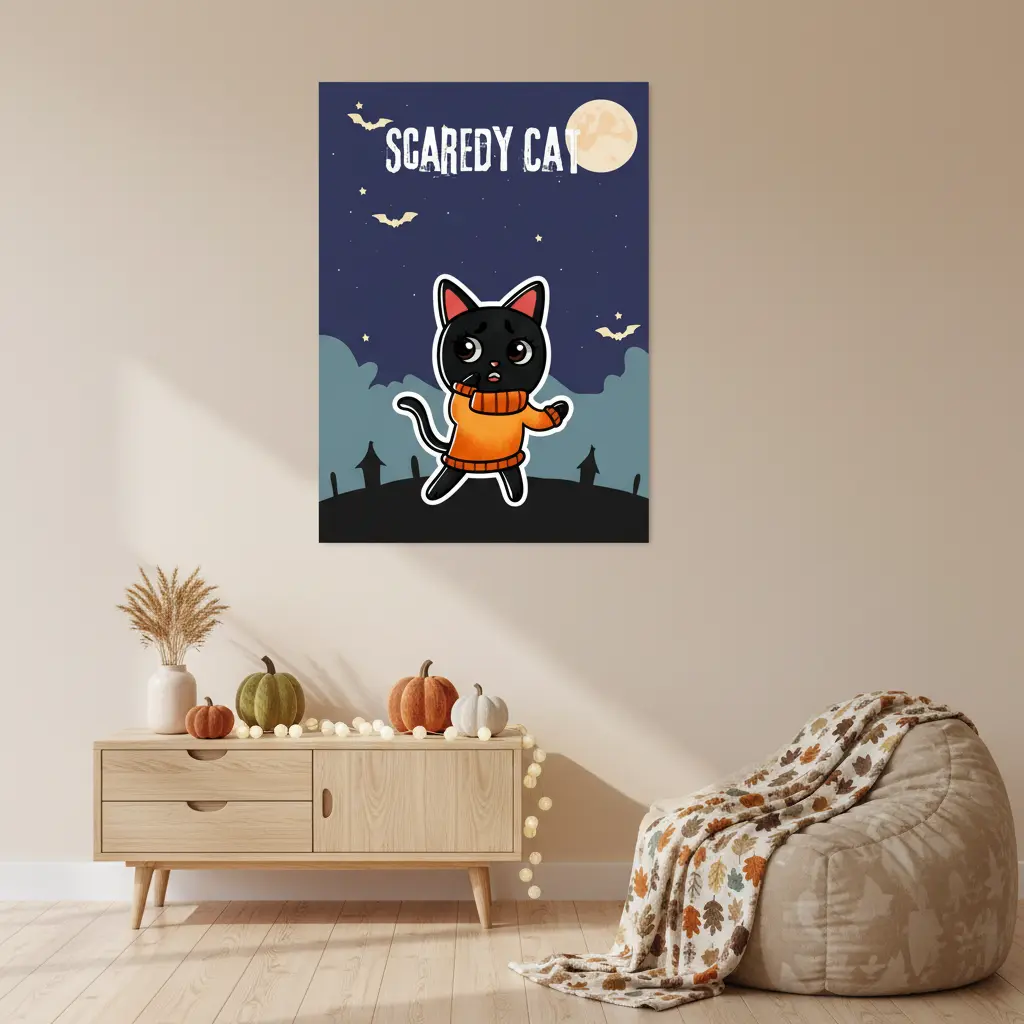Scaredy Cat Halloween Poster, Spooky Cute Wall Decor for Kids
